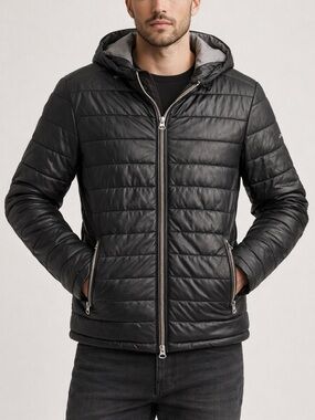 Armani Jeans AJ Black Faux Leather Quilted Puffer Hooded Jacket